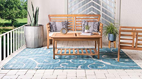 Unique Loom Outdoor Botanical Collection Area Rug - Curl (6' 1" x 9' Rectangle, Teal/ Ivory)