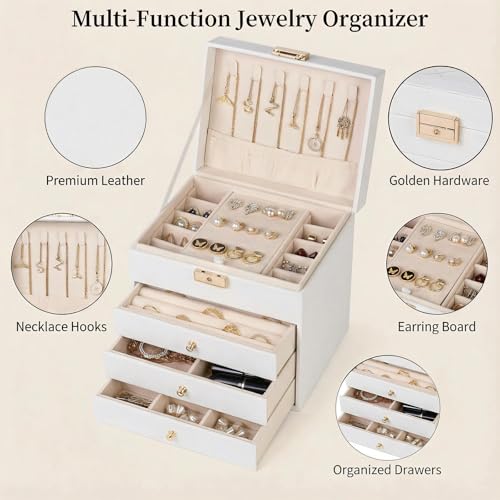 Vandozis Leather Jewelry Box with Lock for Women, 4-Tier 3-Drawer Jewelry Organizer, Large Capacity Vanity Storage Case fo...