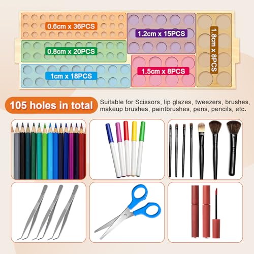 HESHUYU Wooden Paint Brush Holder 105 Holes Paintbrush Holder Organizer Paint Brush Stand Rack with Silicone Rings for Pen...