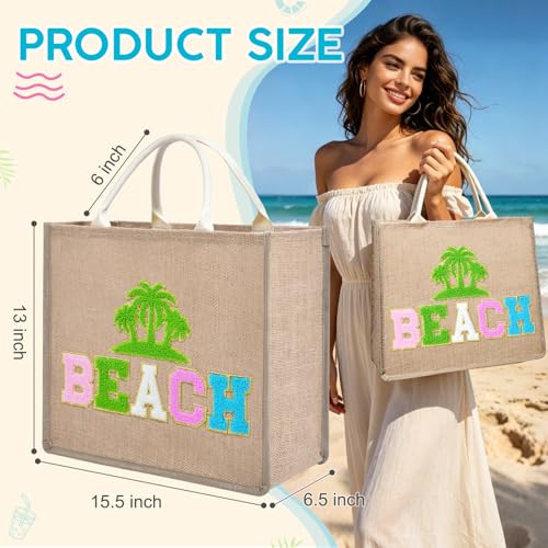 KUIRAN Beach Bag for Women Large Woven Straw Bag with Chenille Letter Patches and Water-resistant Lining, 20L Tote Handbag