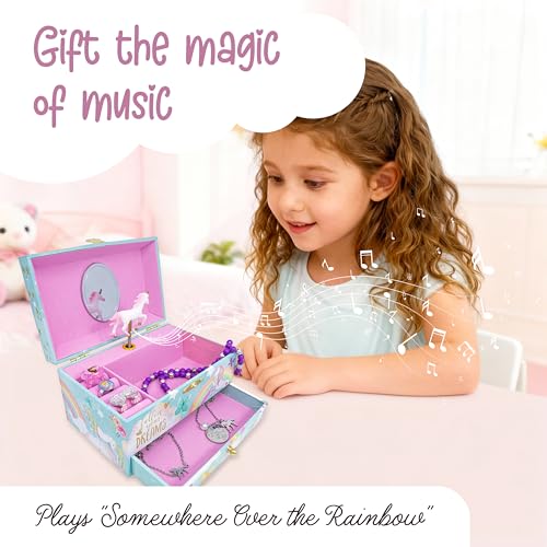 The Memory Building Co Unicorn Musical Jewelry Box Plays Classic Melody, Storage Organizer Music Box for Kids Ages 6-12, M...