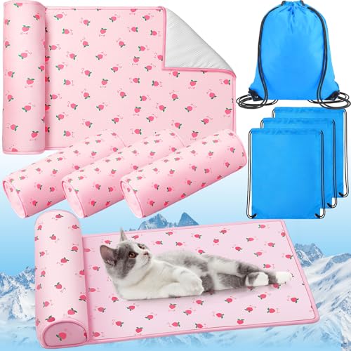 DoubleFill 4 Pack Cooling Dog Mats with Supportive Pillow 15.7" x 23.6" Self Cooling Dog Pads Ice Silk Washable Pet Cool M...