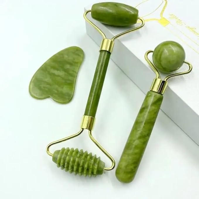 3-in-1 Jade Roller and Gua Sha Facial Kit | 100% Natural Jade Stone Massager Set for Anti-Aging, Wrinkle Reduction & Skin ...