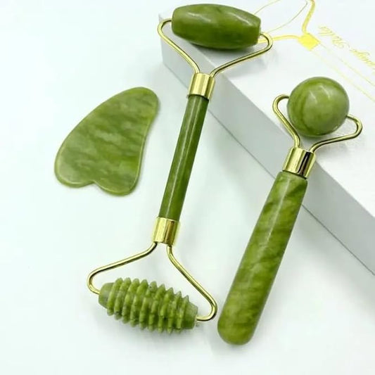 3-in-1 Jade Roller and Gua Sha Facial Kit | 100% Natural Jade Stone Massager Set for Anti-Aging, Wrinkle Reduction & Skin ...
