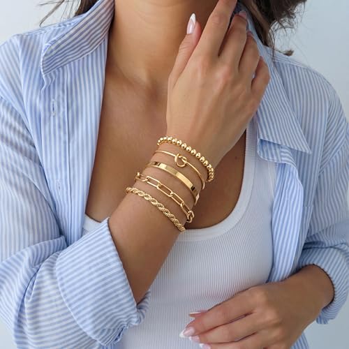 Gokeey Gold Bracelets Set for Women Non Tarnish, Waterproof 14K Gold Plated Sterling Silver Chunky Cuff Bracelet Stackable...