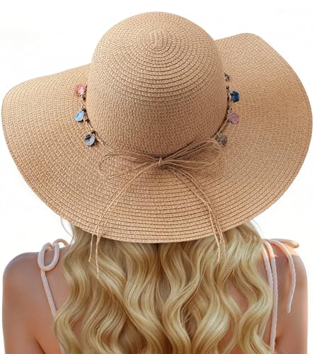 Trifabricy Beach Sun Straw Hats for Women, Wide Brim Womens Sun Hat UPF UV Protection, Foldable Packable Summer Hats Roll Up