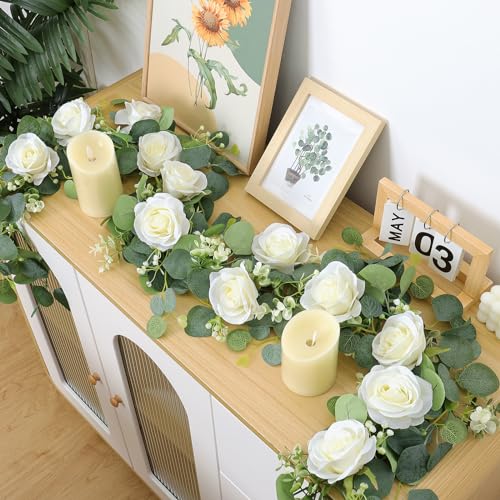 TOCHGREEN 4Pcs(26 Ft) Artificial Eucalyptus & White Rose Flower Garland, Faux Rose Vine & Gypsophila Greenery for Party & ...