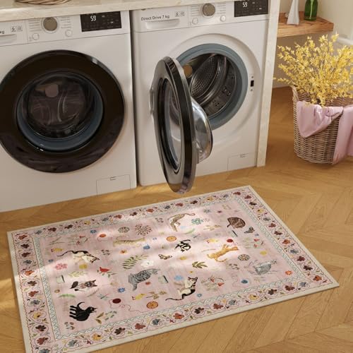 Rugcomf Door Mat Indoor Entrance 2x3 Rug Machine Washable Boho Floral Animal Cat Small Area Rug Non-Slip Low Pile Throw Ru...