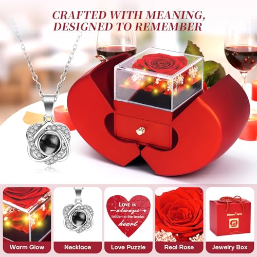 Preserved Real Red Rose Necklace Set with Light Up Box & 100 Languages I Love You Necklace,Mothers Day Rose Gifts for Mom,...