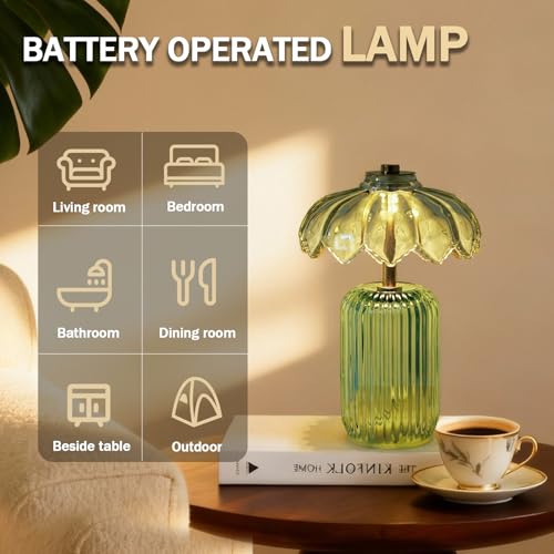 MJ PREMIER Cordless Lamp, Battery Operated Lamp with Timer, Crystal Glass Flower Lampshade, Small Table Lamps, Decorative ...