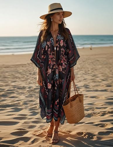 MayBuy Women's Summer Long Flowy Kimono Cardigans Boho Chiffon Beach Cover Up Tops