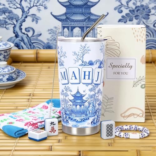 Koazava 4 Pcs Mahjong Gifts Set, Stainless Steel Tumbler Socks Bracelet Gift Box Set for Women Man, Mahjong Party Accessor...