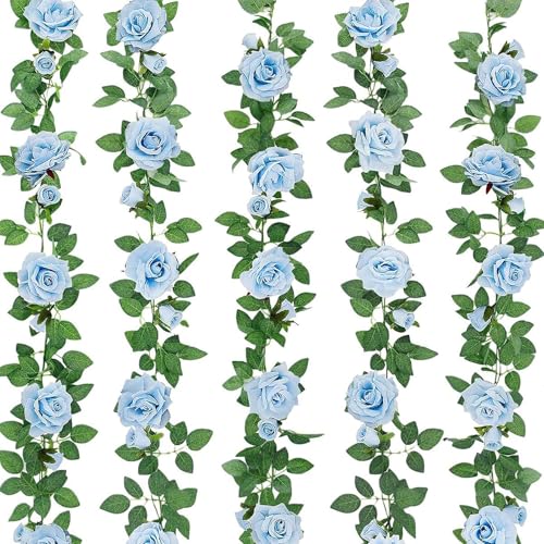 ZIFTY 5Pcs 32.5FT Blue Flower Garland Fake Flower Vines Faux Artificial Floral Garland Hanging Rose Ivy for Wedding Decort...