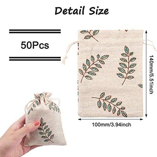 KISSITTY 50 Pack Cotton Cloth Storage Bags with Drawstring Easter 3.9x5.5 Inch Leaf Printed Reusable Jewelry Gift Pouches ...
