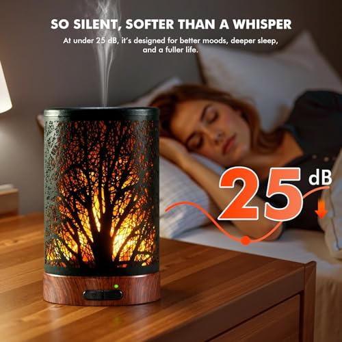 Aromatherapy Essential Oil Diffuser for Home - 100ml Black Ultrasonic Diffuser with Dynamic Flame Light, Metal Cool Mist A...