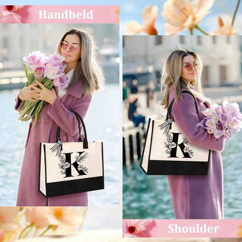 Tecanne Personalized Initial Canvas Tote Bag, Suitable for Birthday, Wedding, Beach, Holiday, Gifts for Women, Mom, Teache...
