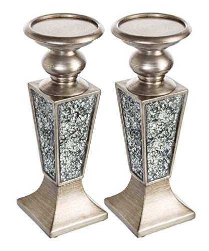 Creative Scents Schonwerk Silver Pillar Candle Holder Set of 2 - Crackled Mosaic Design - Centerpiece Table Decoration - C...