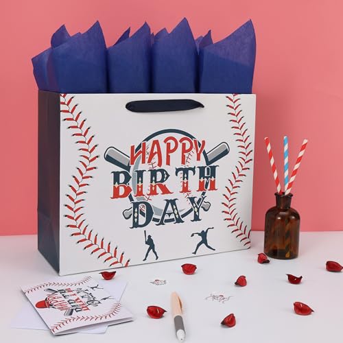 wishinside 13” Large Baseball Happy Birthday Gift Bag Set with Handles, Greeting Card, Tissue Papers and Stickers for Boys...