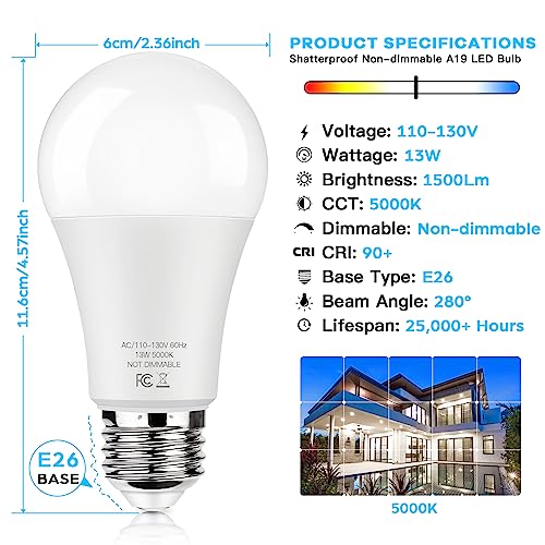 LED Light Bulbs 100W Equivalent 1500 Lumens, A19 13W 5000K Daylight White Non-Dimmable, Super Bright No Flicker Standard E...