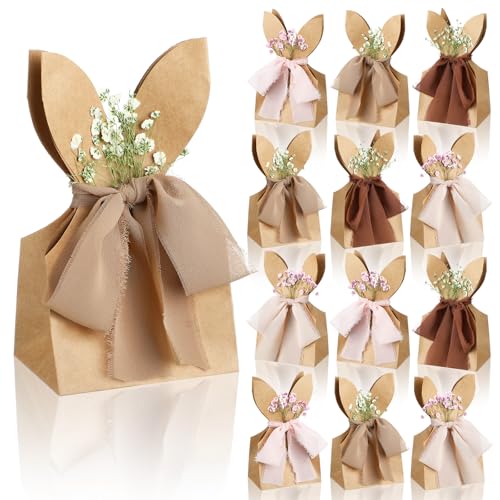 Affrolling 24 Set Boho Bow Easter Bunny Party Favor Bags DIY Bunny Gift Boxes with Neutral Bow Ribbon and Dried Flowers Ru...
