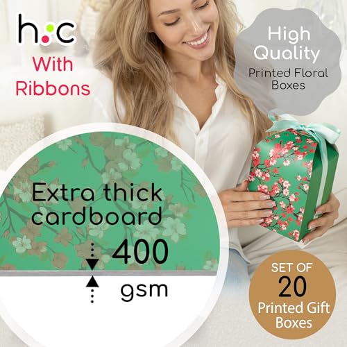 Floral Gift Boxes with Lids & Ribbons (20 Pack) 6” x 5” Decorative Printed Treat Boxes for Gift Giving, Cookie Tins, Mitha...