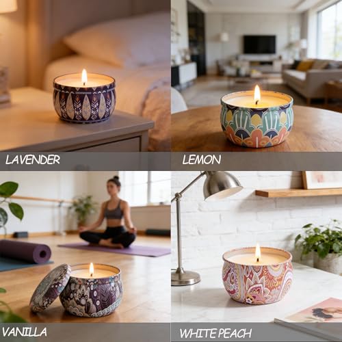 Aromatherapy Candle Gift Set 4 Pack Soy Wax Candles, Lavender, Lemon, Vanilla & White Peach Long-Lasting Clean Burn for Re...