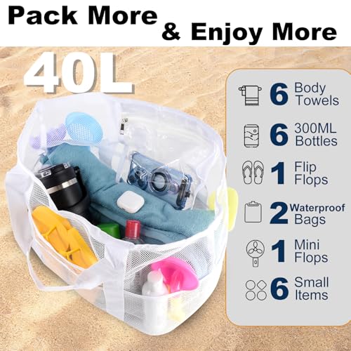 CaCTOUR Mesh Beach Bag,Large Beach Bags for Women with 8 Pockets,Packable Tote Bag for Beach Cruise Pool Vacation Essentials