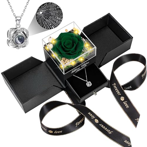 Lebana Preserved Blackish Green Real Rose with Heart I Love You Necklace -Eternal Flowers Rose Birthday Gifts for Women He...