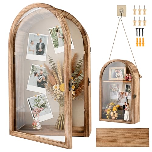 10x16 Shadow Box Frame, Large Shadow Boxes Display Cases with Linen Back and Removable Shelves, Arch Brown Wooden Memory B...