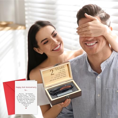 Leriton 2 Years Anniversary Keepsake Gifts for Him Men Husband Engraved Pocket Folding Knife with Wood Box Tin Anniversary...