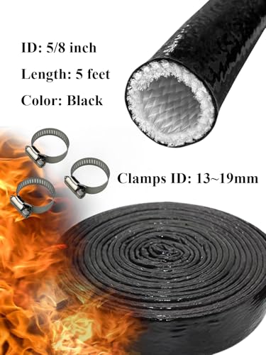YAMAKATO 5/8" ID Heat Shielded Fire Thermo Armor Fire Sleeve Silicone Coated Fiberglass Heat Protection w/ 3 Clamps for Au...