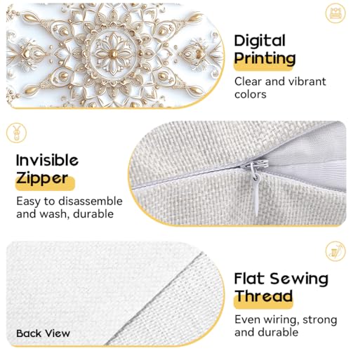 OBSEDE Golden Mandala Decorative Throw Pillow Covers 18x18 Set of 4, White and Gold Boho Cushion Case for Sofa Couch