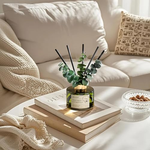 Airkeep Reed Diffuser Set with 6.76 fl oz Wild Mint & Eucalyptus Scent Essential Oils and 3 Leaves & 8 Diffuser Sticks,Bat...