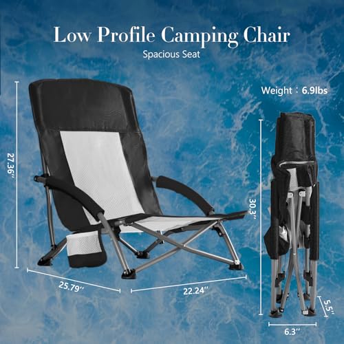 DUMOS Low Beach Chair for Adults, Lightweight Folding Beach Chair with Cup Holder, Storage Bag, Breeze Mesh Back, Padded A...