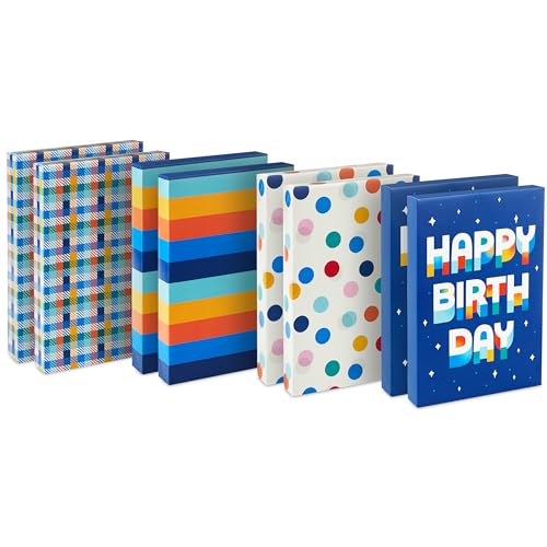Hallmark Designed Shirt Boxes with Lids (8 Boxes: 2 Each of Orange and Blue Stripes, Plaid, Dots, Happy Birthday) for Birt...