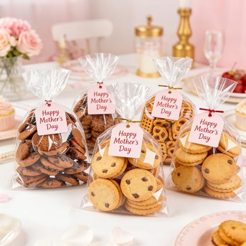 LOKIQNG Cellophane Bags Plastic Mothers Day Gift Bags Clear Cookie Treat Bags with Twist Ties for Party Favor Bag(100PACK,...