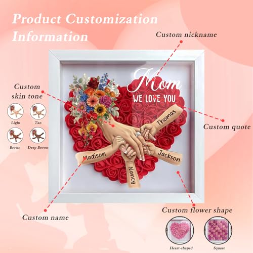 Personalized Mommy Holding Hands Flower Shadow Box with Ring and Manicure, Custom Kids Names Floral Heart Led Light Frame,...