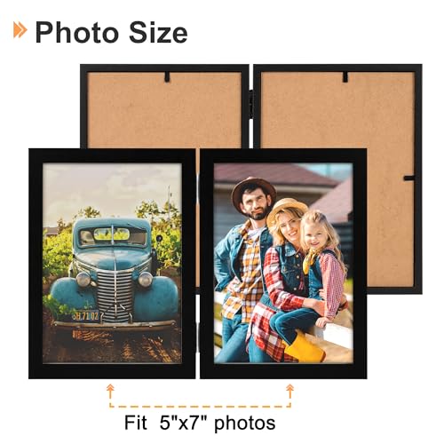 AEVETE 5x7 Picture Frames Double Hinged Wood Folding Photo Frames Vertical with Plexiglass Front, Black