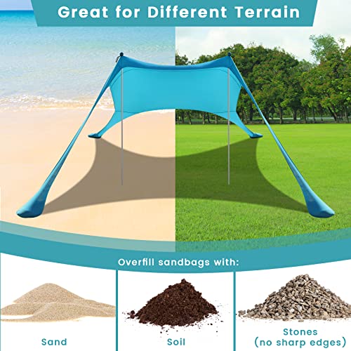 Beach Tent - 9.8 * 6.5 FT Beach Canopy, Portable Beach Tent Sun Shelter UPF50 with 4 Sandbags, 2 Stability Poles Ground Pe...