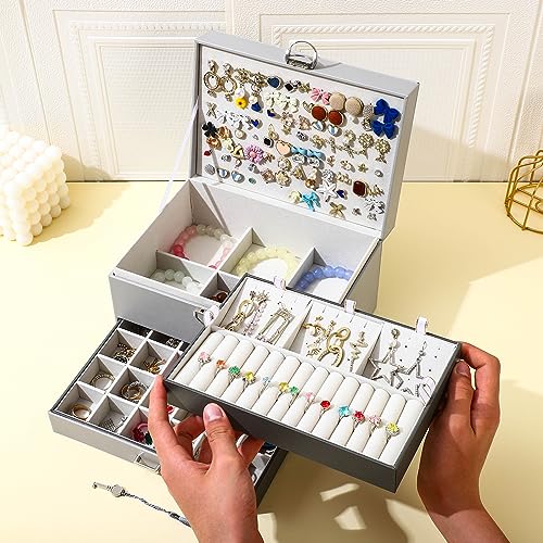 BOOVO Earring Jewelry Box For Women Girl Stud Organizer, 5 Layers Girl Jewelry Organizer Box With Lock Earring Holder Orga...