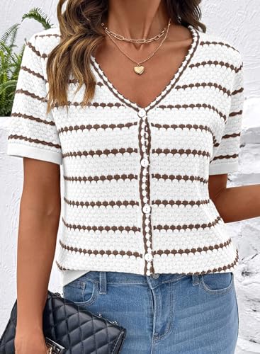 Dokotoo Cardigan Sweaters for Women Spring Summer Short Sleeve Crochet Striped V Neck Button Casual Lightweight Knit Tops