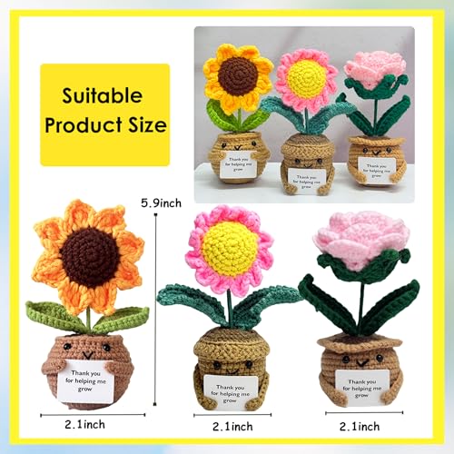 3PCS Adorable Crochet Sunflower/Rose/Daisy,Handmade Knitted Flowers,Crochet Potted Plant,Thank you for Gift,Thank you Gift...