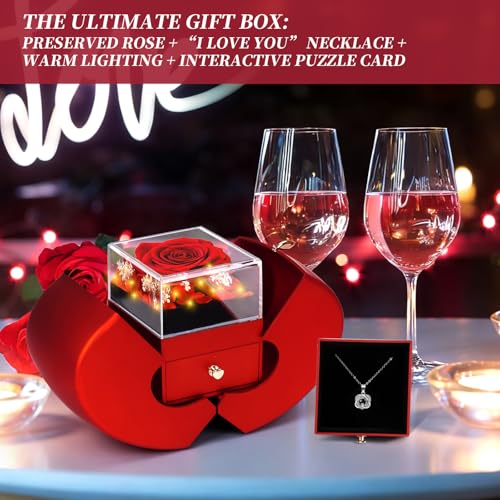 Preserved Real Red Rose Necklace Set with Light Up Box & 100 Languages I Love You Necklace,Mothers Day Rose Gifts for Mom,...