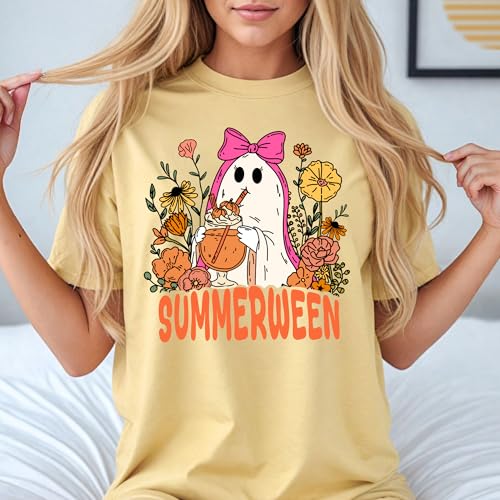 Summerween Ghost Design - Womens Comfort Colors - Butter Yellow Retro Halloween Floral Graphic Tee