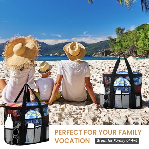 Tavaleu Mesh Beach Bag - Large Beach Tote with Multi Functional Pockets for Family Travel/Vacation
