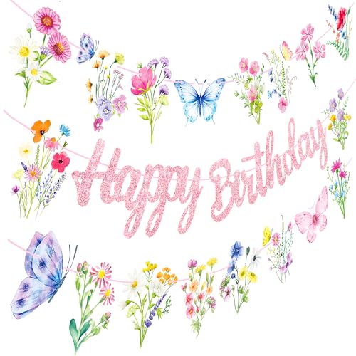 Wildflowers Happy Birthday Banners 3Pcs Pink Butterfly Theme Party Decorations for Women Girl Spring Birthday Baby Shower ...