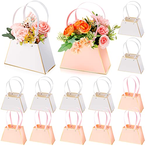 Fuutreo 12 Pcs Mother's Day Flower Gift Bags for Bouquets Portable Craft Flower Arrangement Boxes with Handle Waterproof B...
