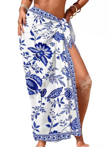 Herseas Women Sheer Sarong High Slit One Size Swimsuit Coverups 2026 Summer Floral Print Chiffon Wraps Beach Cover Up