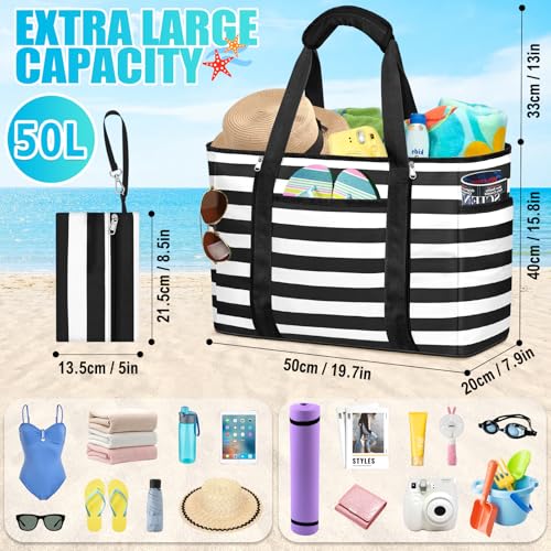 TEUEN Extra Large Beach Bags for Women, Waterproof Sandproof Beach Tote Bag Foldable Swim Pool Bag with Zipper and Wet Pocket