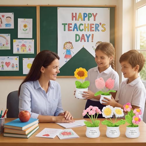 Ferrochef 6 Pcs Teacher Appreciation Gifts Crochet Flowers Bulk Thank You for Helping Me Grow Crochet Flower Handmade Appr...